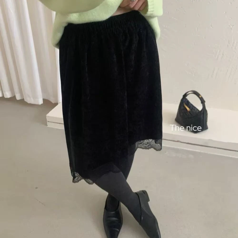 5167•丝绒半裙 BQ# 东大门松紧腰叠穿蕾丝半裙P帘•