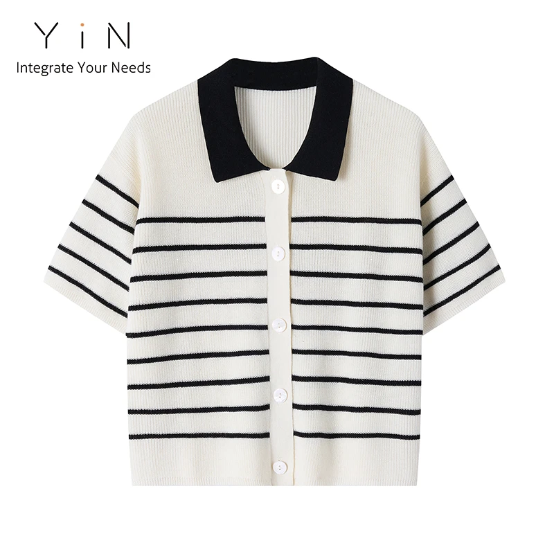 YiN 棉麻条纹针织衫显瘦法式小众翻领夏季短袖24908