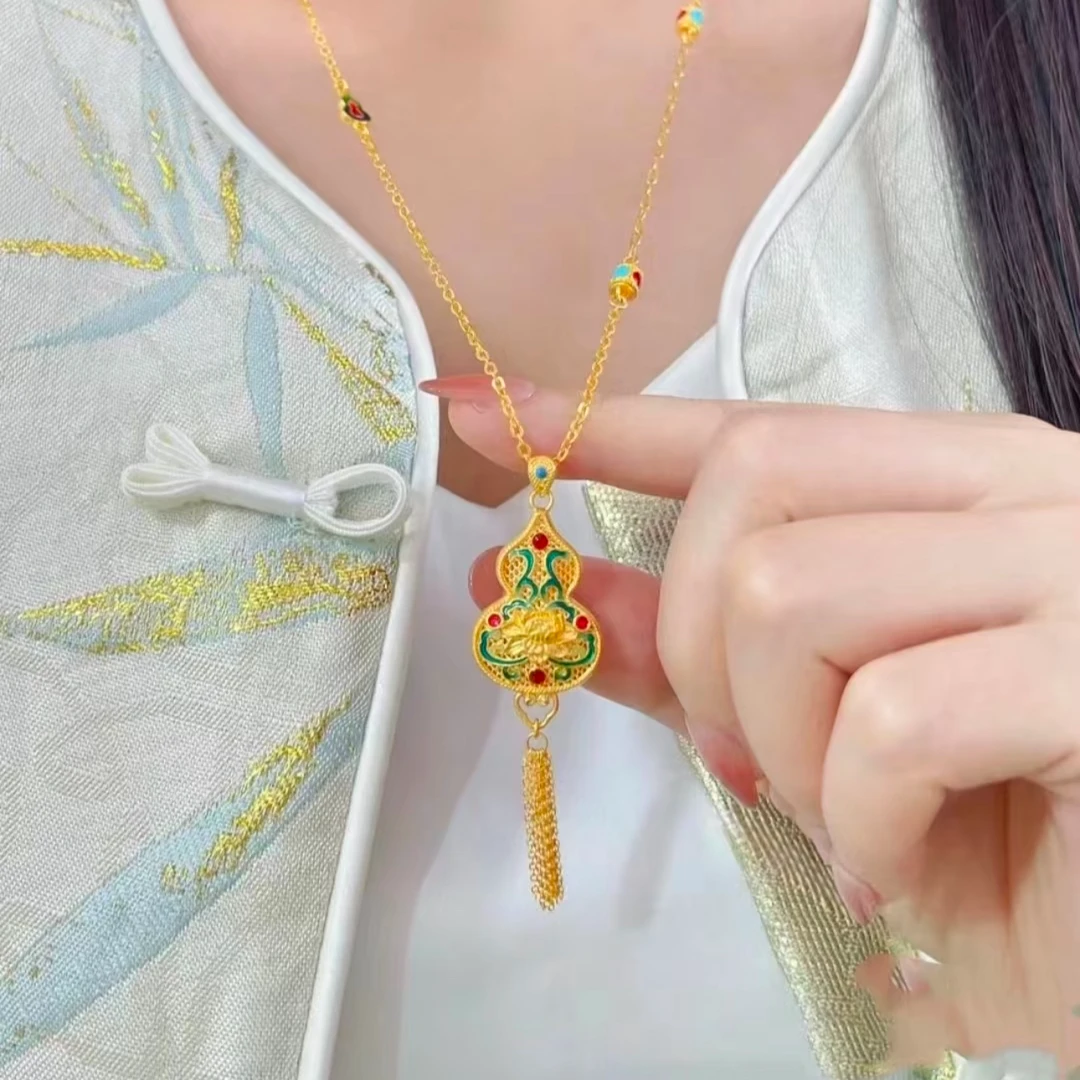 铜合金珐琅项链 国风福禄生莲彩葫芦莲花流苏项链复古风锁骨链