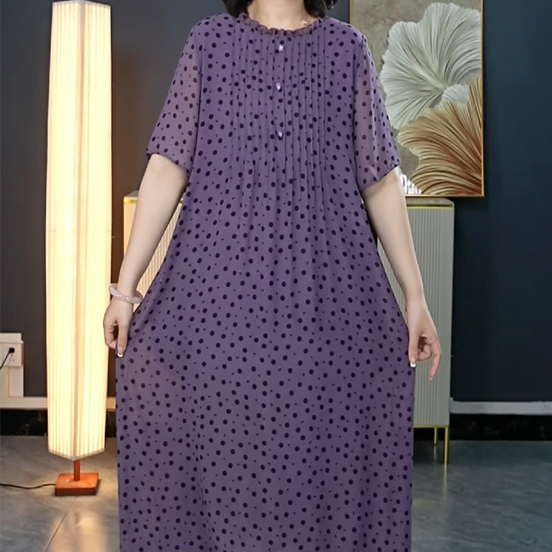 夏款大码女装清凉紫色气质圆领短袖显瘦遮腰连衣裙0145
