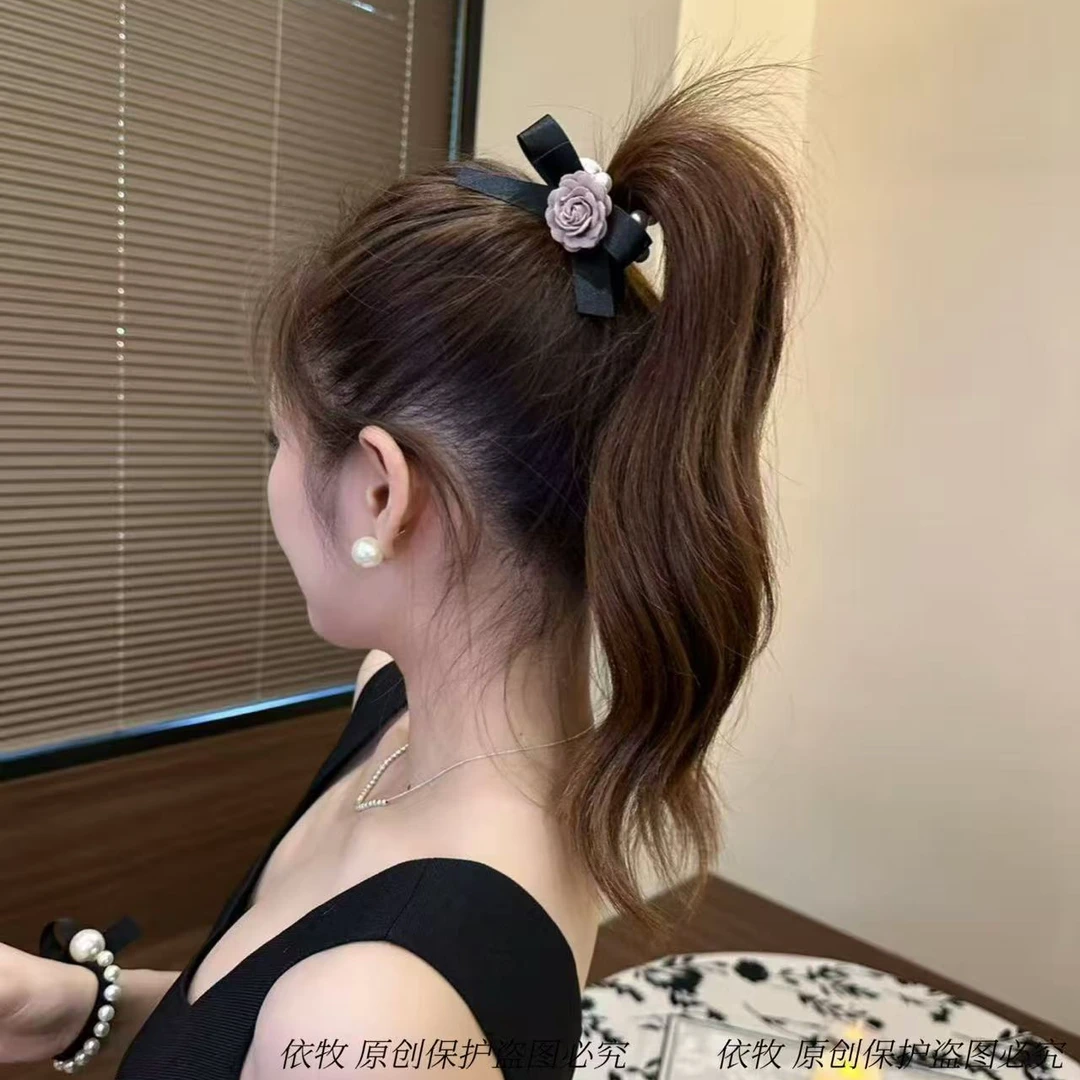 依牧法式气质玫瑰花钉珠发圈时尚百搭蝴蝶结不伤发头绳高马尾发绳