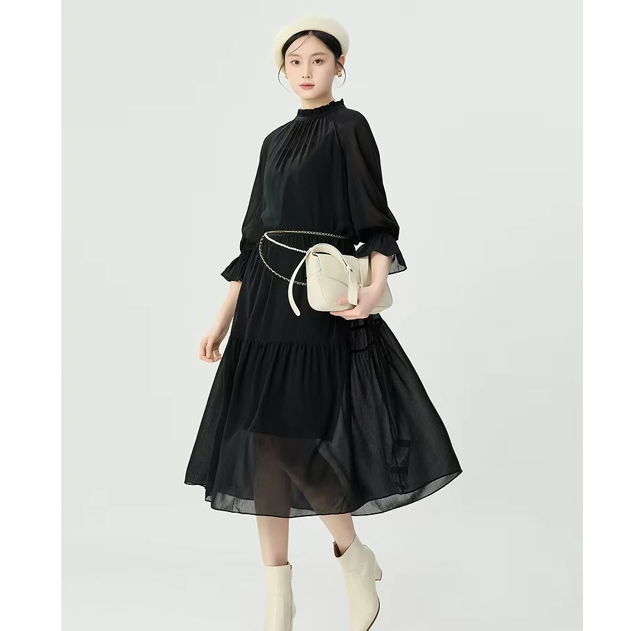 GIRDEAR/哥弟 150008 新款优雅显瘦宽松木耳边立领百搭洋装连衣裙