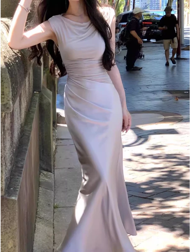【人鱼姬泪】夏季纯欲风斜领露肩显瘦修身网纱缎面拼接包臀连衣裙