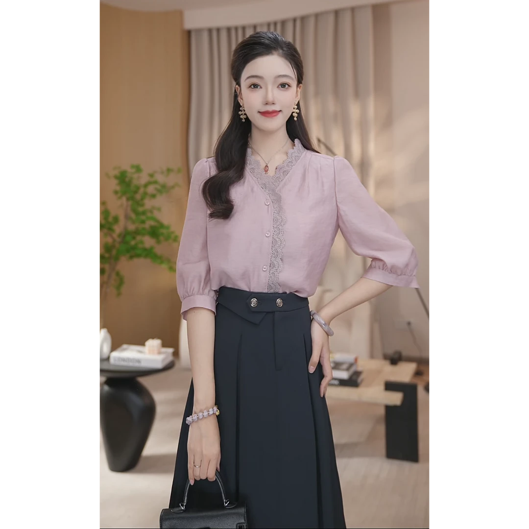 【曼贝】洋气高贵上衣2025新款双层领法式气质甜美衬衫8592386B琳琳