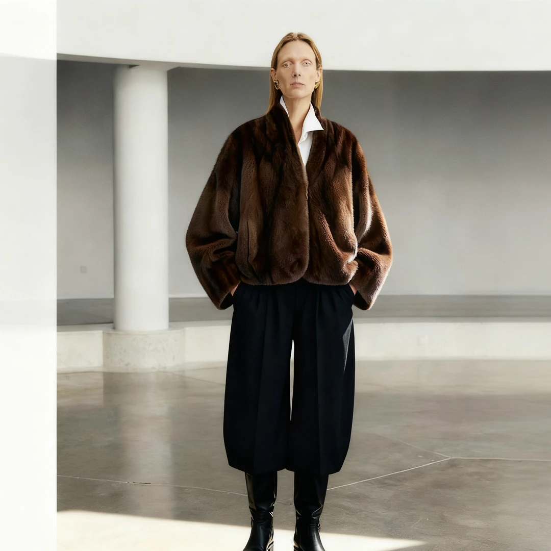 Ayuko | 柔光暖咖哥本哈根紫金天鹅绒短二咖啡色V领半抽水貂2877