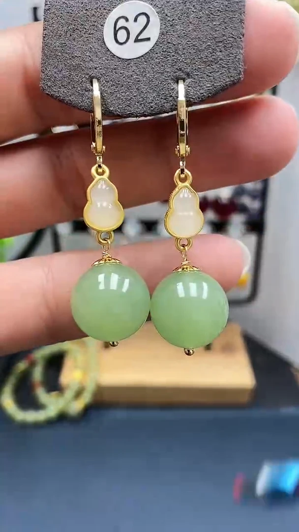 和田玉银S925镀金镶嵌耳饰尺寸14mm耳扣01