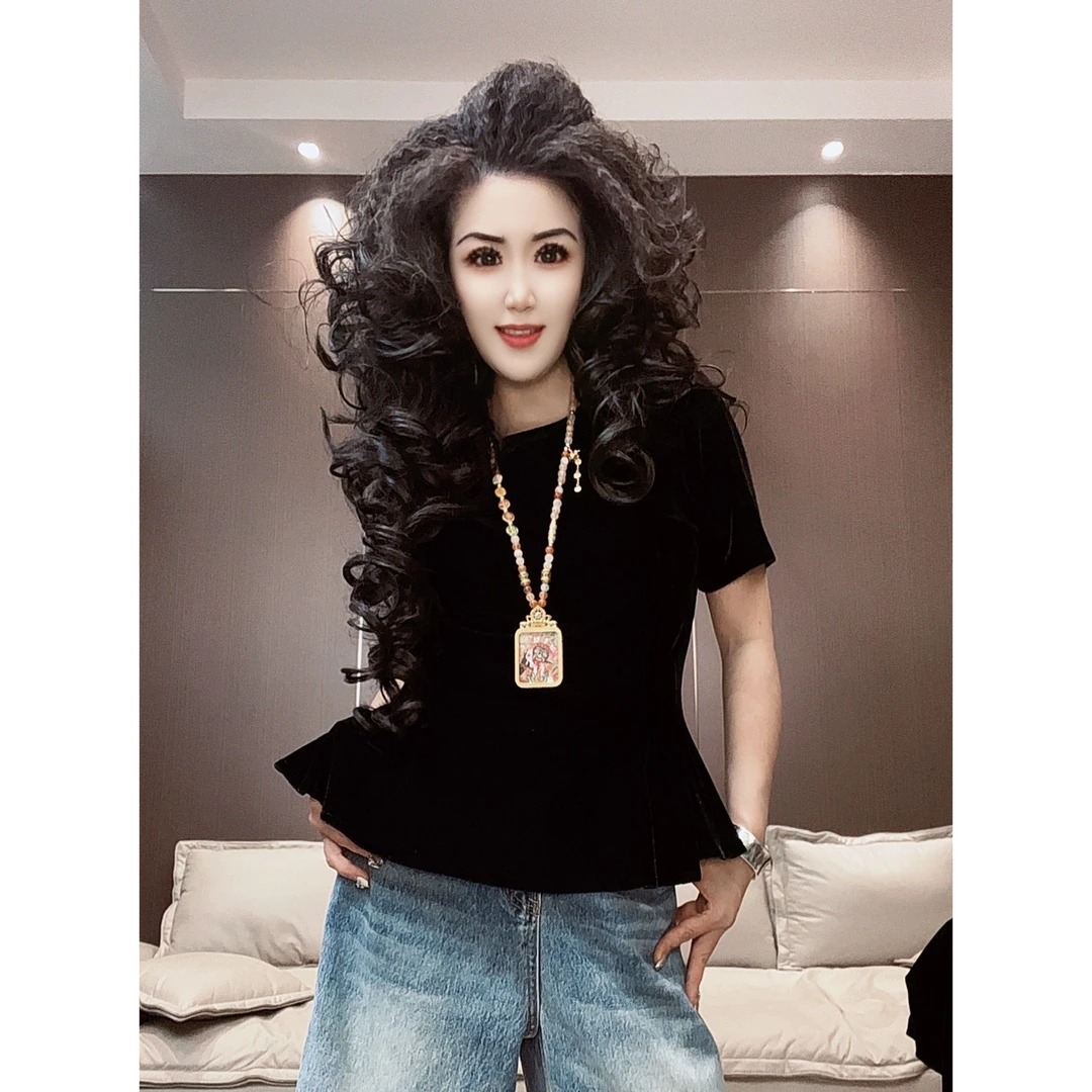 OPL2025新款时尚洋气遮肉丝绒圆领拼接旋摆衫