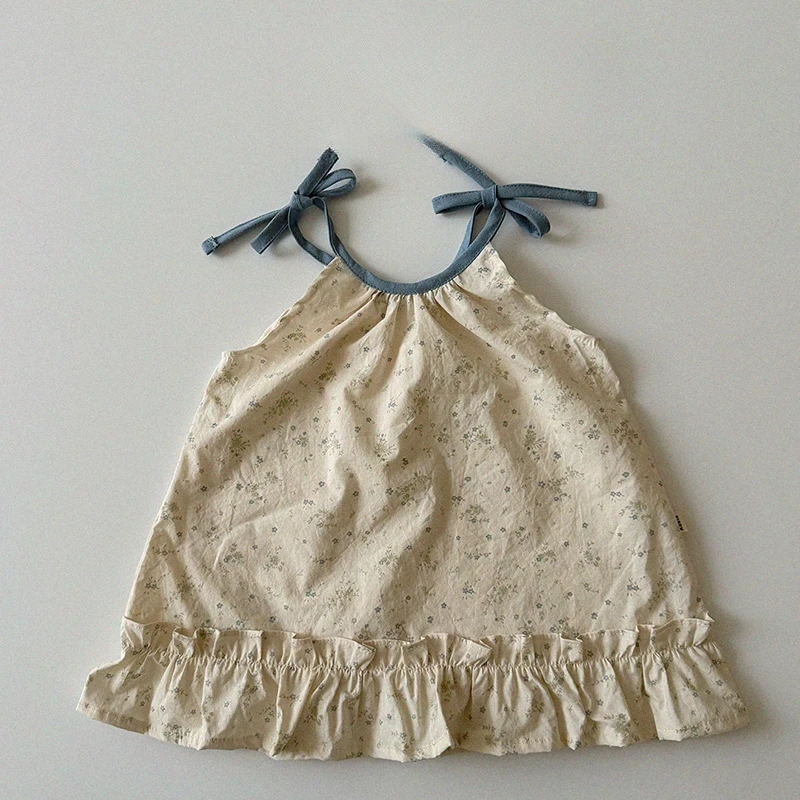 No no2025夏季新款女小童复古碎花荷叶边吊带裙连衣裙