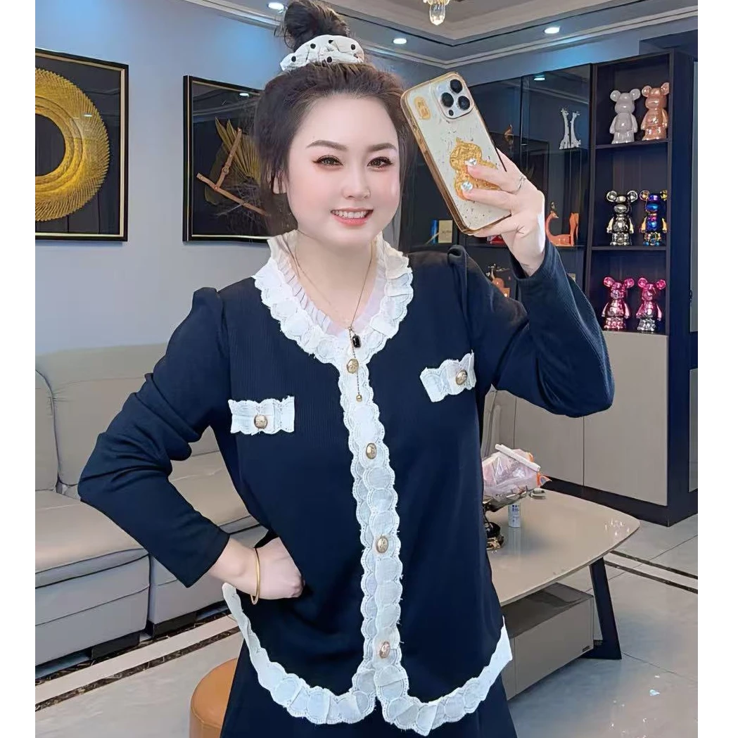 胖mm加肥拼色蕾丝边长袖上衣外套设计感秋季新款百搭交警潮
