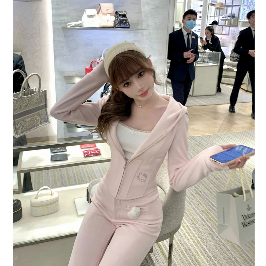 甜心kitty 2025新款甜美时尚通勤修身鱼骨粉色运动休闲套装