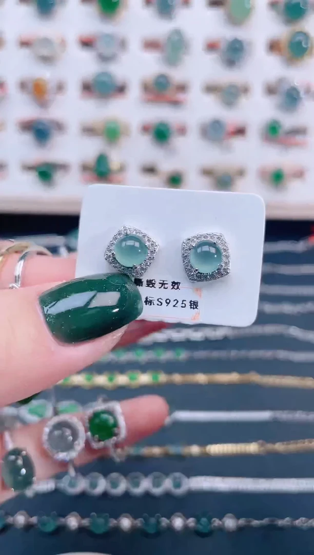 银S925镶嵌翡翠耳饰天然翡翠