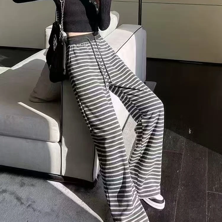 春季新款休闲条纹阔腿裤显瘦垂感松紧腰休闲长裤女宽松百搭