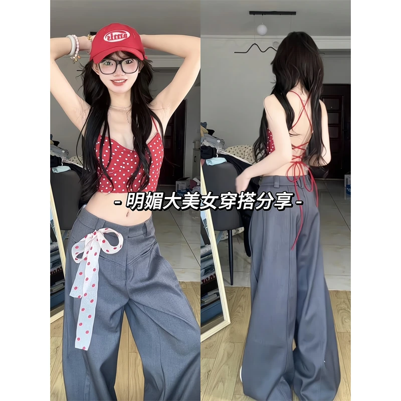 2025无袖内搭打底吊带背心上衣红色波点海边抹胸休闲西裤拖地裤子