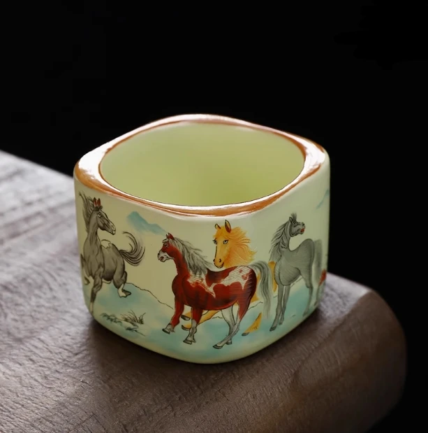 米黄汝窑八骏图四方主人杯陶瓷品茗杯复古可养功夫茶杯茶具42005