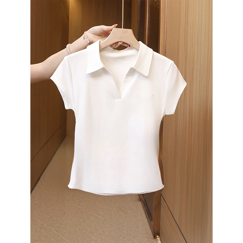 白色polo领短袖t恤女装夏季2025年新款收腰修身百搭老钱风女装