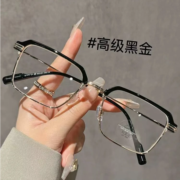 金属文艺精致方框防蓝光眼镜框平光镜男女可配近视百搭复古黑金
