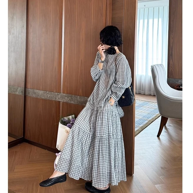 极简风宽松显瘦套装女2025初秋新款黑白格子圆领衬衫半身裙两件套