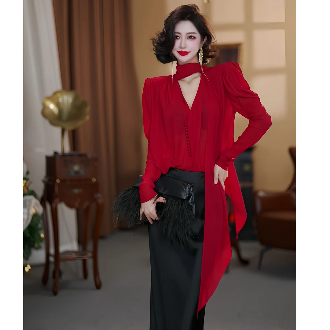 【大晶定制】新款气质红色网纱V领多层设计感小衫-DJ10132