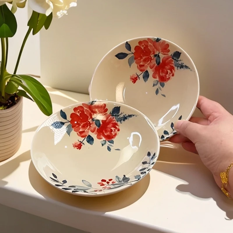 1【拍2送2】复古国风水墨牡丹手彩高温瓷6.5英寸碟子菜碟 零食碟