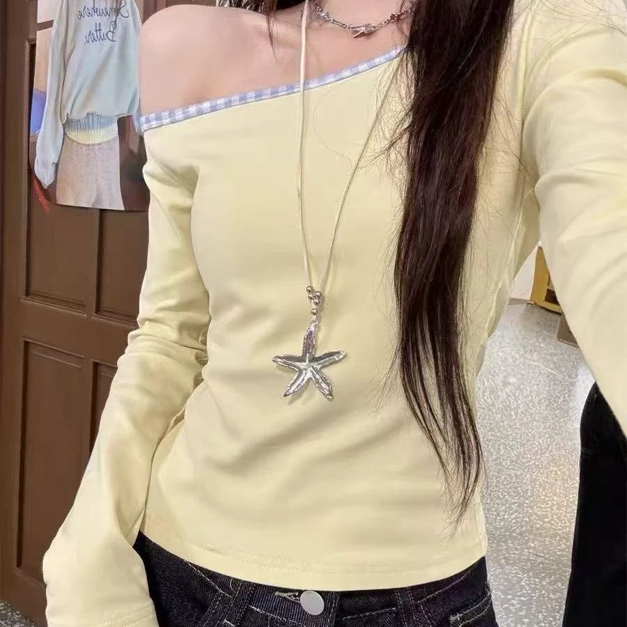 春款斜肩辣妹长袖t