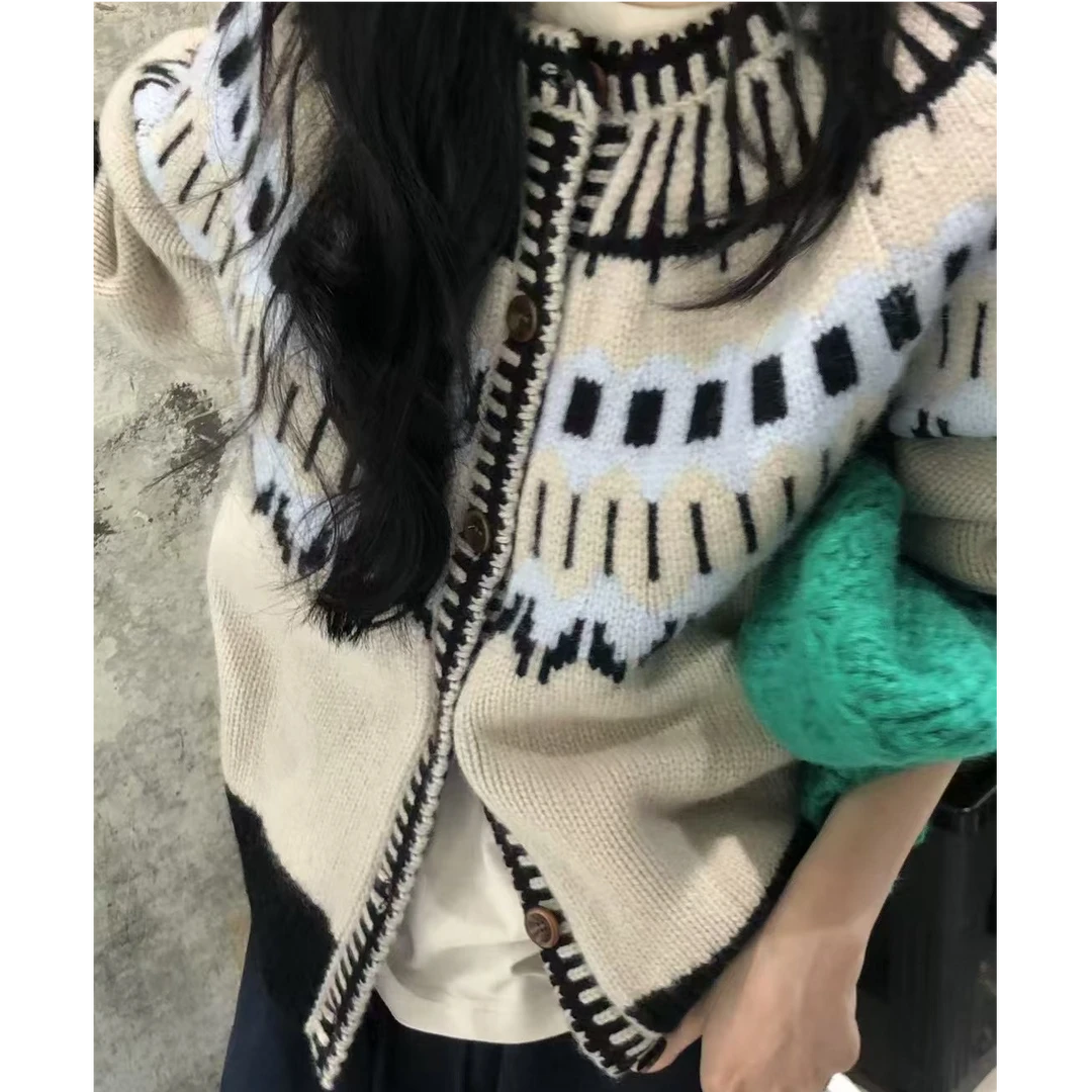 2024秋冬新款针织开衫复古百搭ins风圆领撞色费尔岛风印花毛衣