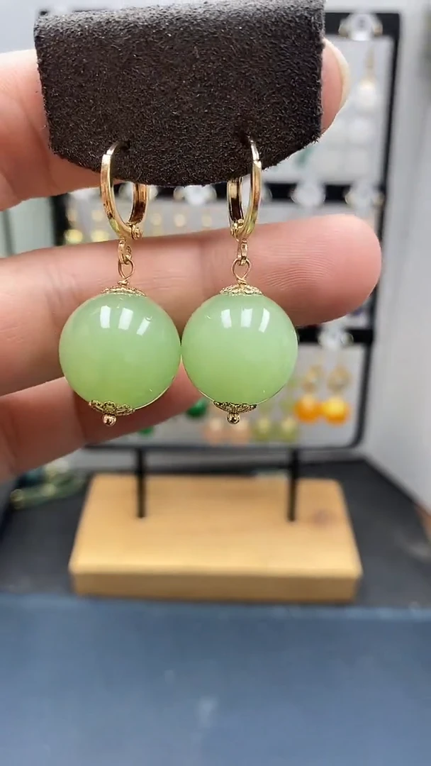 银S925镀金镶嵌和田玉耳饰尺寸16mm耳扣33