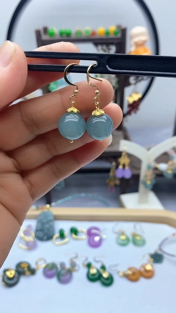 石英质玉（非洲翠）14K金镶嵌耳环800