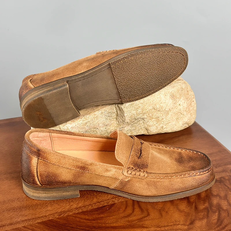 复古做旧一脚蹬浅口乐福鞋男夏季透气水洗牛皮磨砂皮鞋套脚休闲鞋