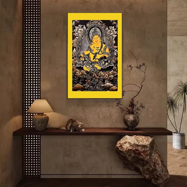 西藏黄财神唐卡装饰画五路财神适用于茶室客厅等客厅背景墙挂画