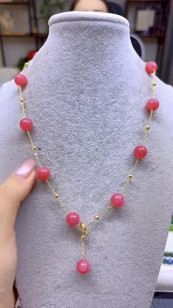 银S925镀金镶嵌菱锰矿（红纹石）颈饰DIY款X645