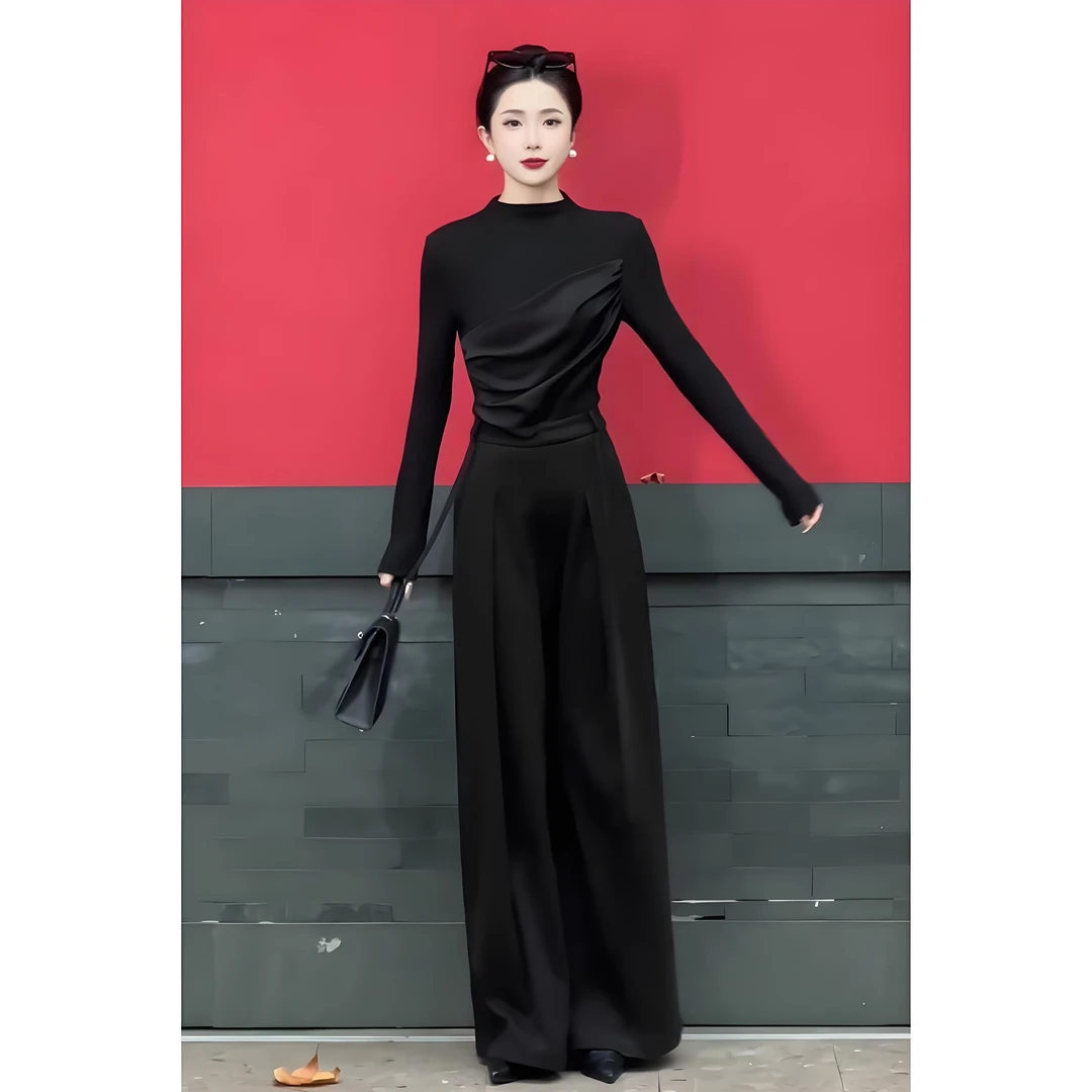 C647+C648秋季搭配时尚设计感拼接长袖打底衫高腰阔腿裤两件套女