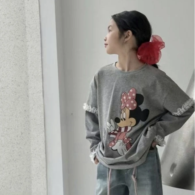 熙爱2025春季新款女童米奇图案假两件长袖T恤时尚上衣25825