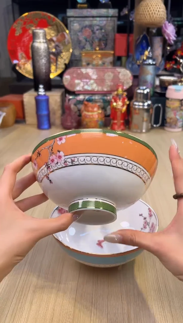157瑰宝牡丹面碗套二（橙+绿）