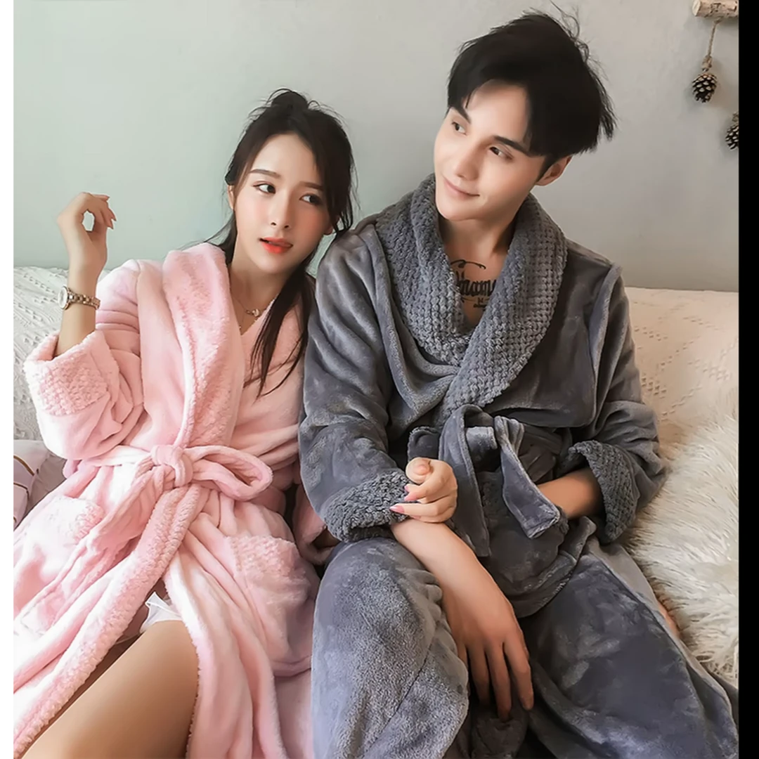 法兰绒睡袍女秋冬加长加厚情侣浴袍法兰绒冬季保暖连体睡衣家居服