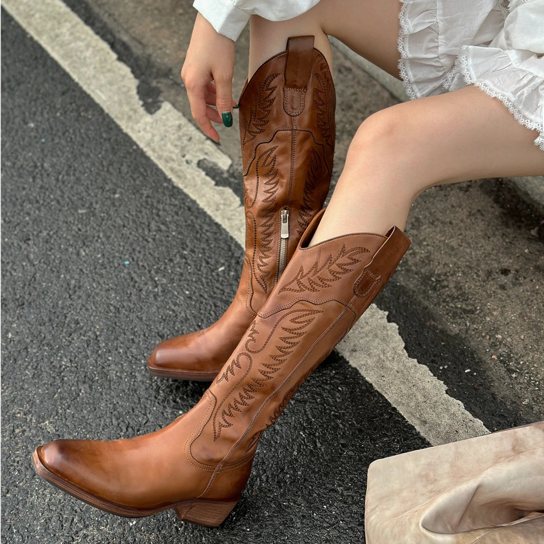 zhuxiaomeng马皮水洗刺绣西部靴高筒靴骑士靴X279