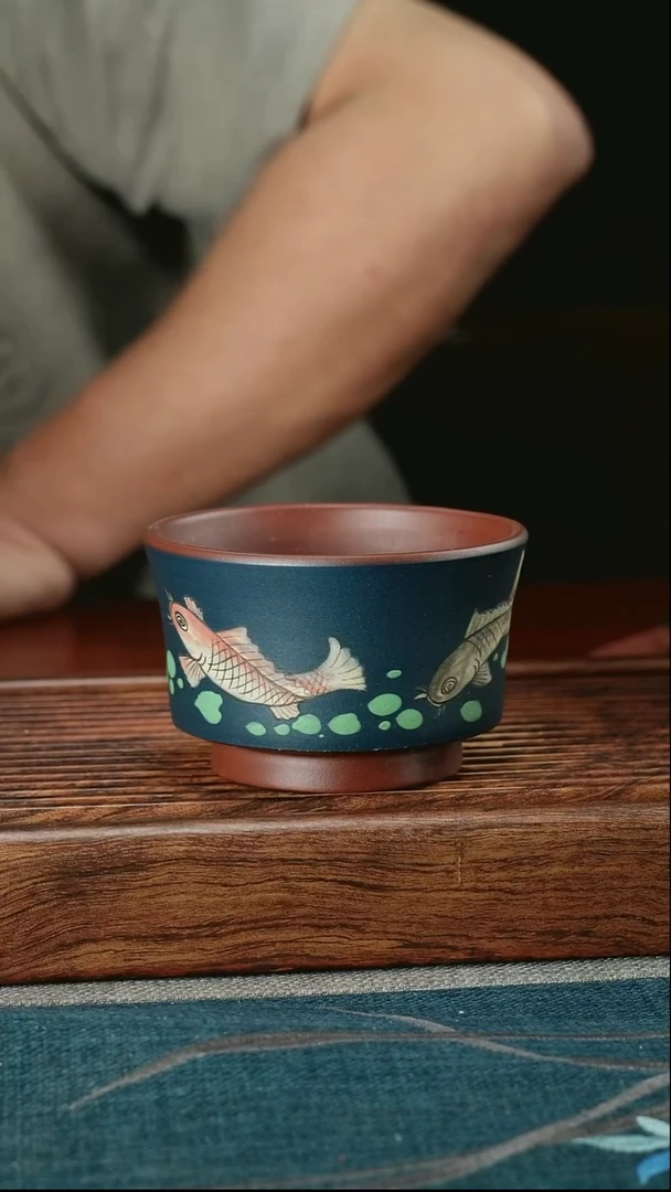 茶杯紫砂紫泥粉蓝鱼