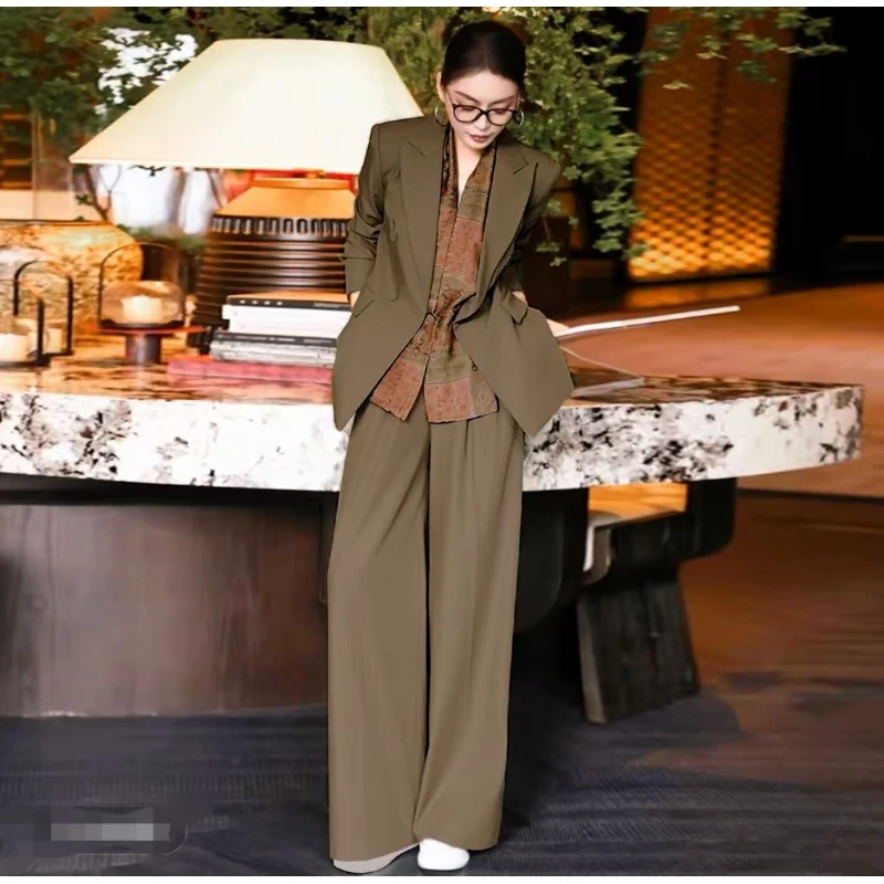 2025秋季新款设计感可调节系带老钱风西装阔腿裤配丝巾时尚两件套