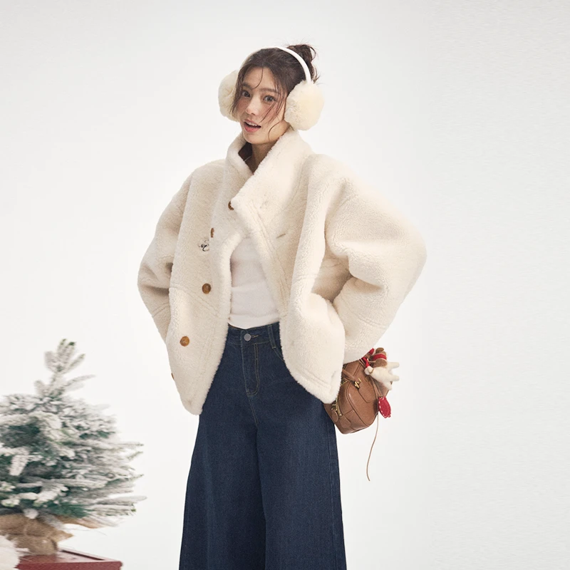 iNSLiiSA 棕色里外两穿皮毛一体外套女秋冬新款宽松保暖美式上衣