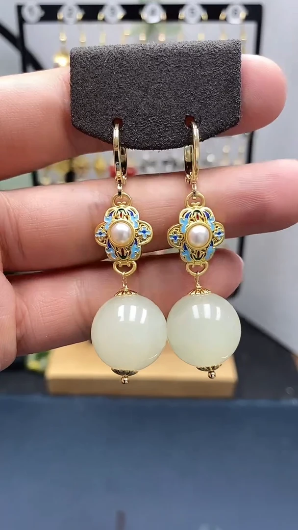 和田玉银S925镀金镶嵌耳饰尺寸16mm耳扣A2