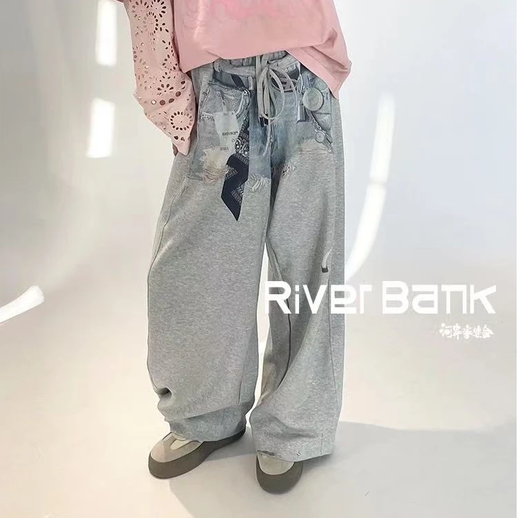 河岸家设计师丿未PUREVENUS假两件双腰头牛仔印花休闲长裤25秋