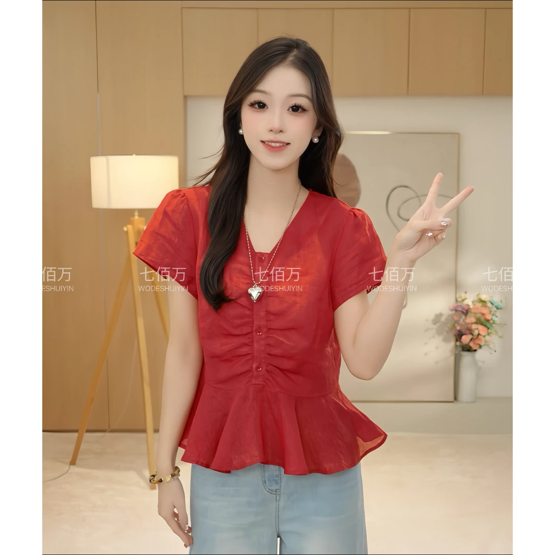 人鱼姬-2025夏季法式 100苎麻 花边短袖衬衫Y67522