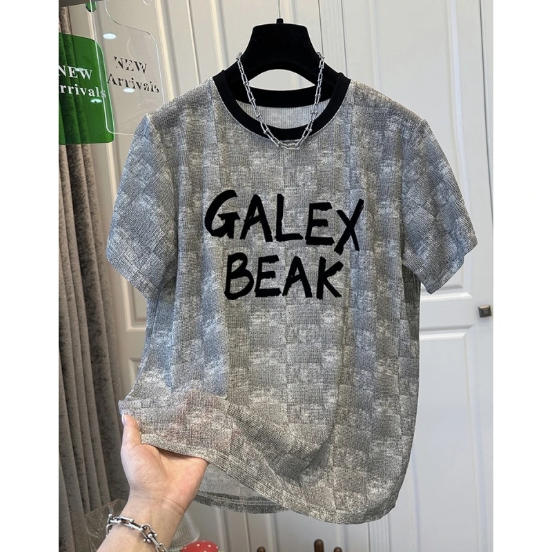 欧洲站圆领撞色拼接字母印花短袖棉T恤女上衣宽松弹力微透夏薄款