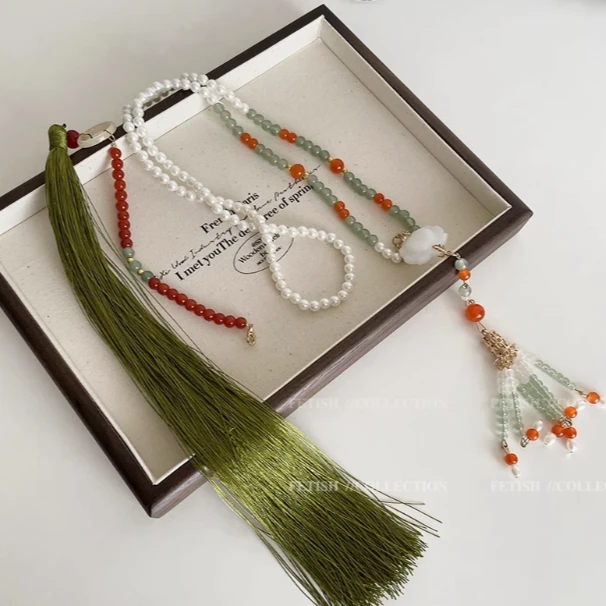 新中式古风莲花璎珞项链女长款流苏背云复古国风汉服配饰品