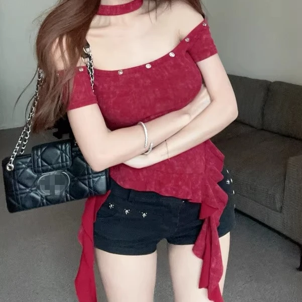 (39-69)以直播间为准 修身甜美辣妹锁骨一字肩挂脖上衣