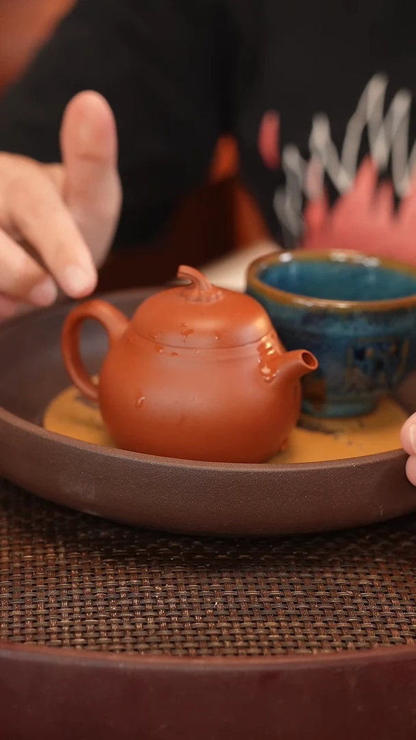 茶壶紫砂全手 大红袍 瓜蒂纽 150cc一壶一盘一盏 壶承雕刻随机发