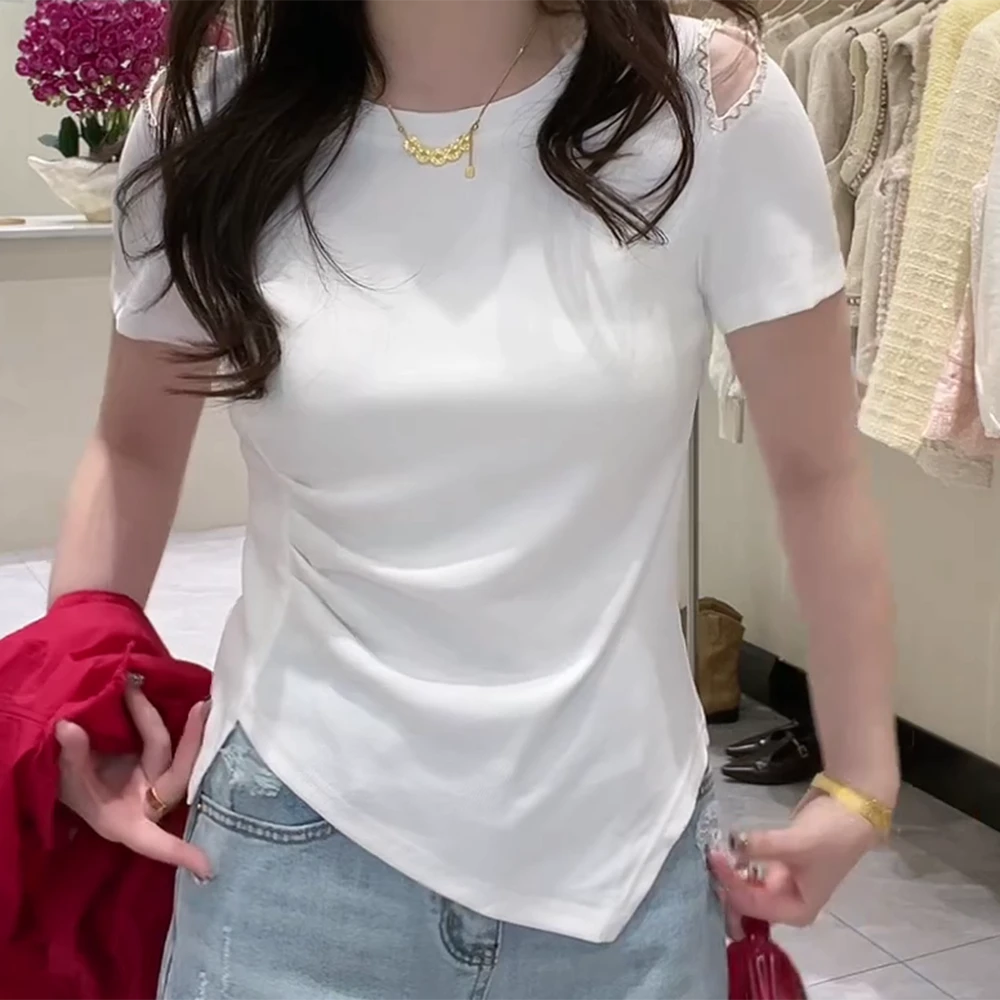 夏季褶皱收腰小众短袖露肩t恤针织衫显瘦上衣百搭圆领设计感