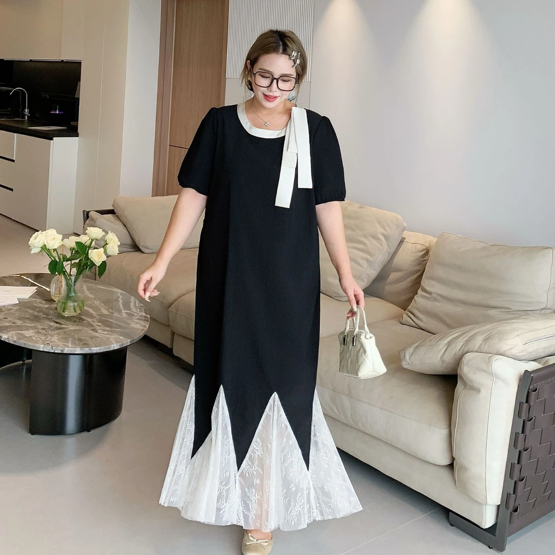 媛子大码设计感重工鱼尾裙蕾丝拼接高级感夏季新款显瘦气质长裙