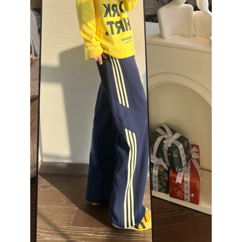 美式撞色条纹直筒藏青色卫裤男早秋休闲百搭潮牌宽松阔腿休闲裤子