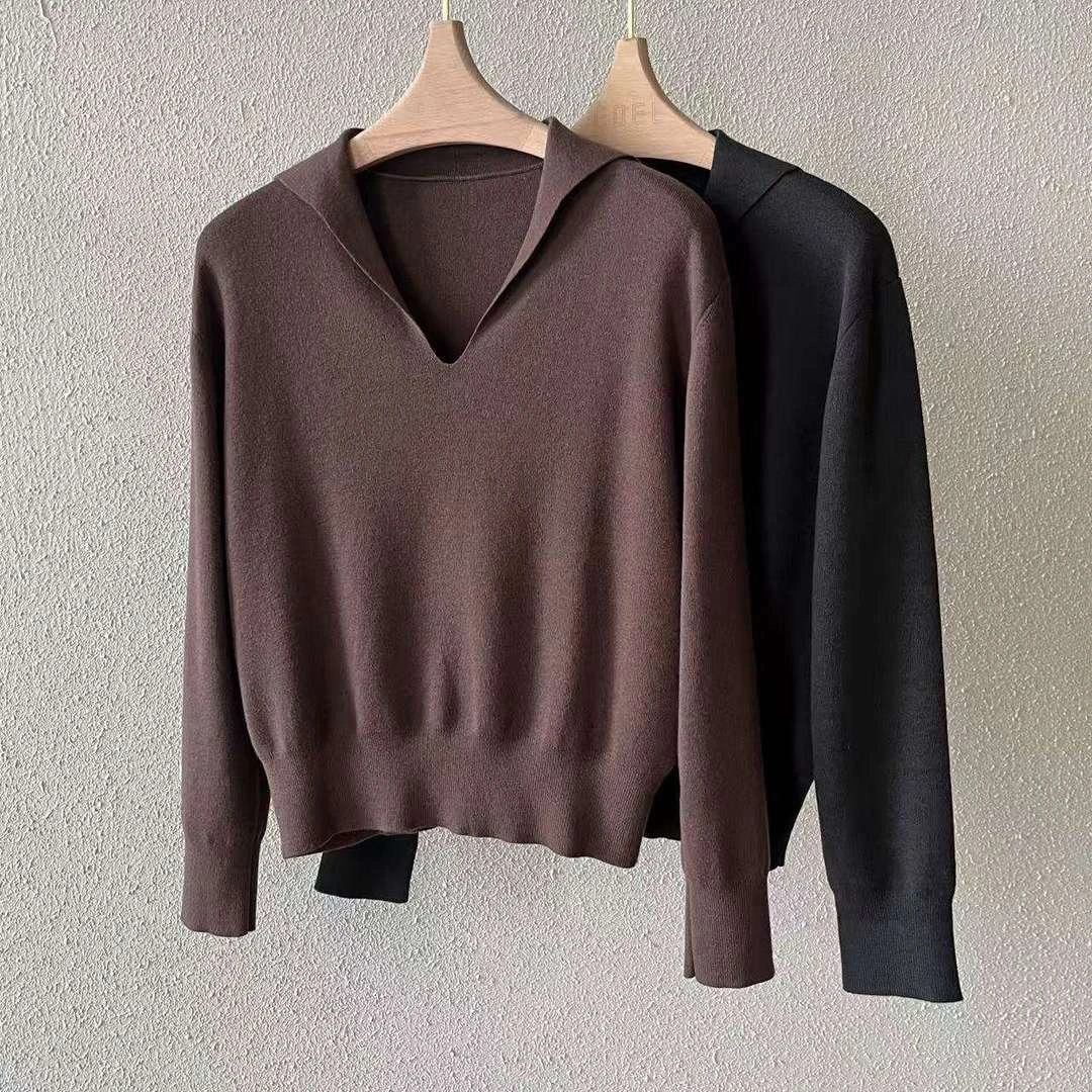 慕溢-086时尚灰咖双色海军风V领针织衫