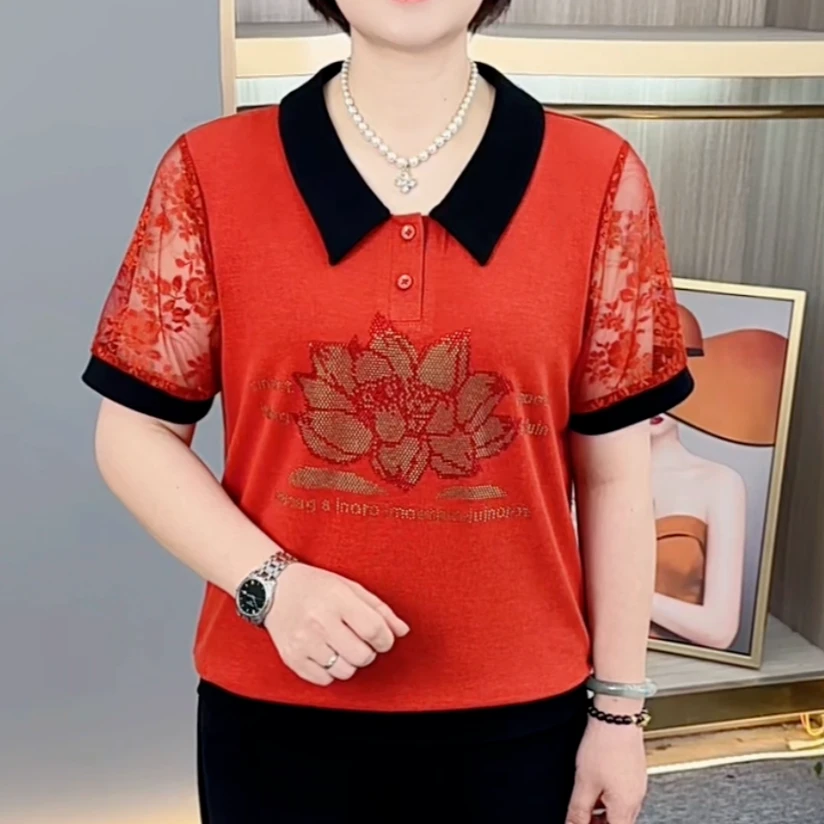 夏季新款时尚翻领烫钻蕾丝拼接气质妈妈装休闲百搭短袖上衣H8870